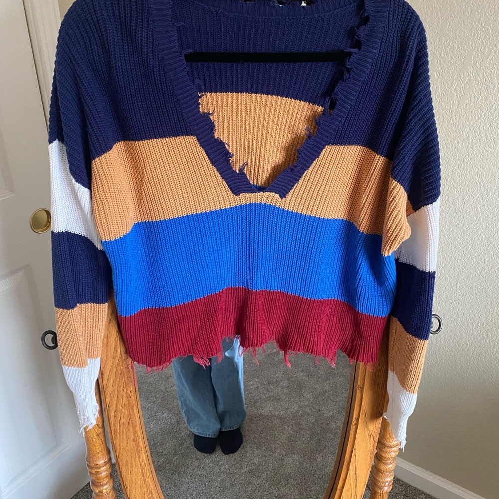 Blue and Tan V-Neck Sweater with Chunky Knit